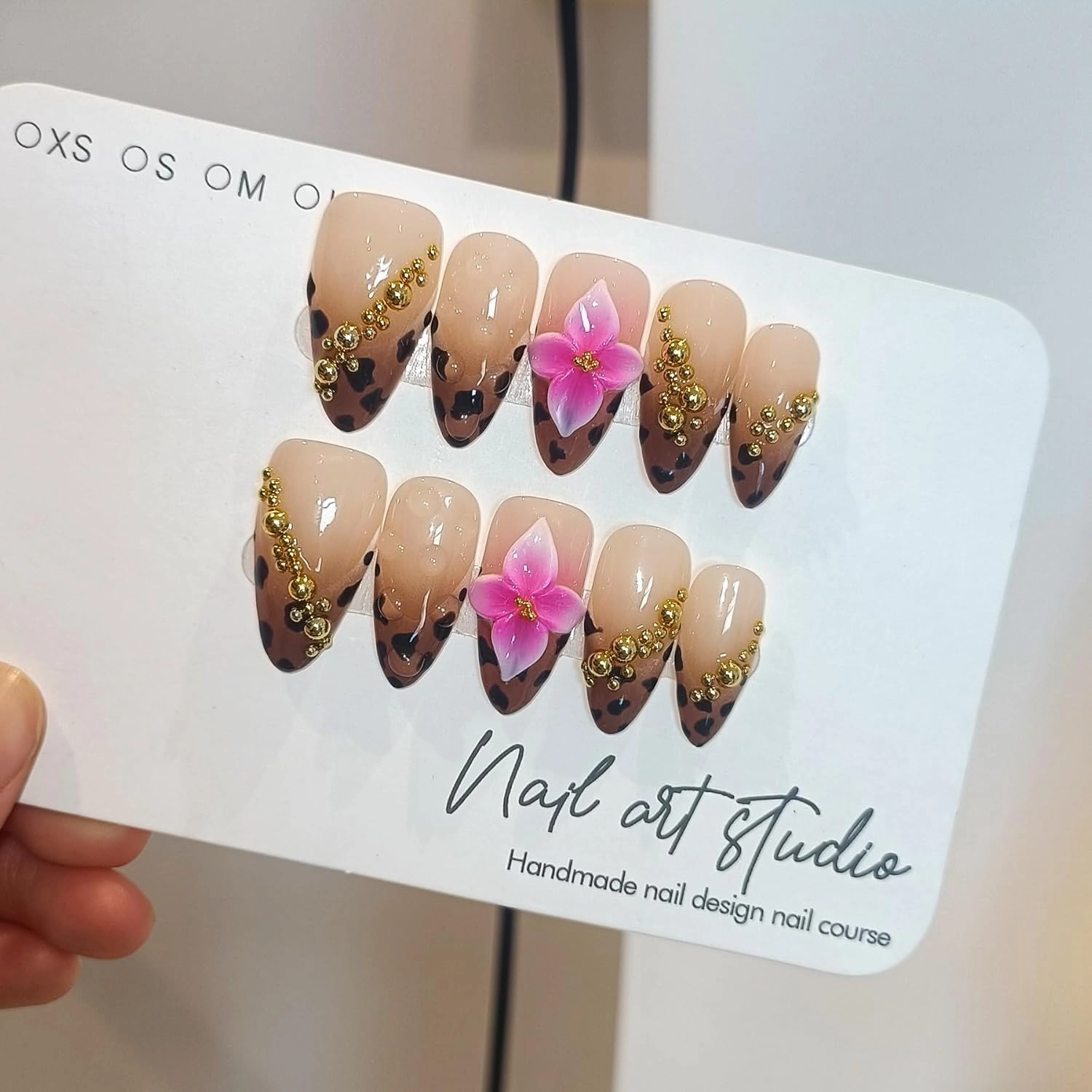 10-Piece Almond Press-On Nails Kit,Sexy Leopard French Tips Fake Nails with 3D Gold Beads & Pink Flowers,Brown Y2K Nails for Women, Edgy Yet Cute Daily Wear False Nails with All Tools(XS)