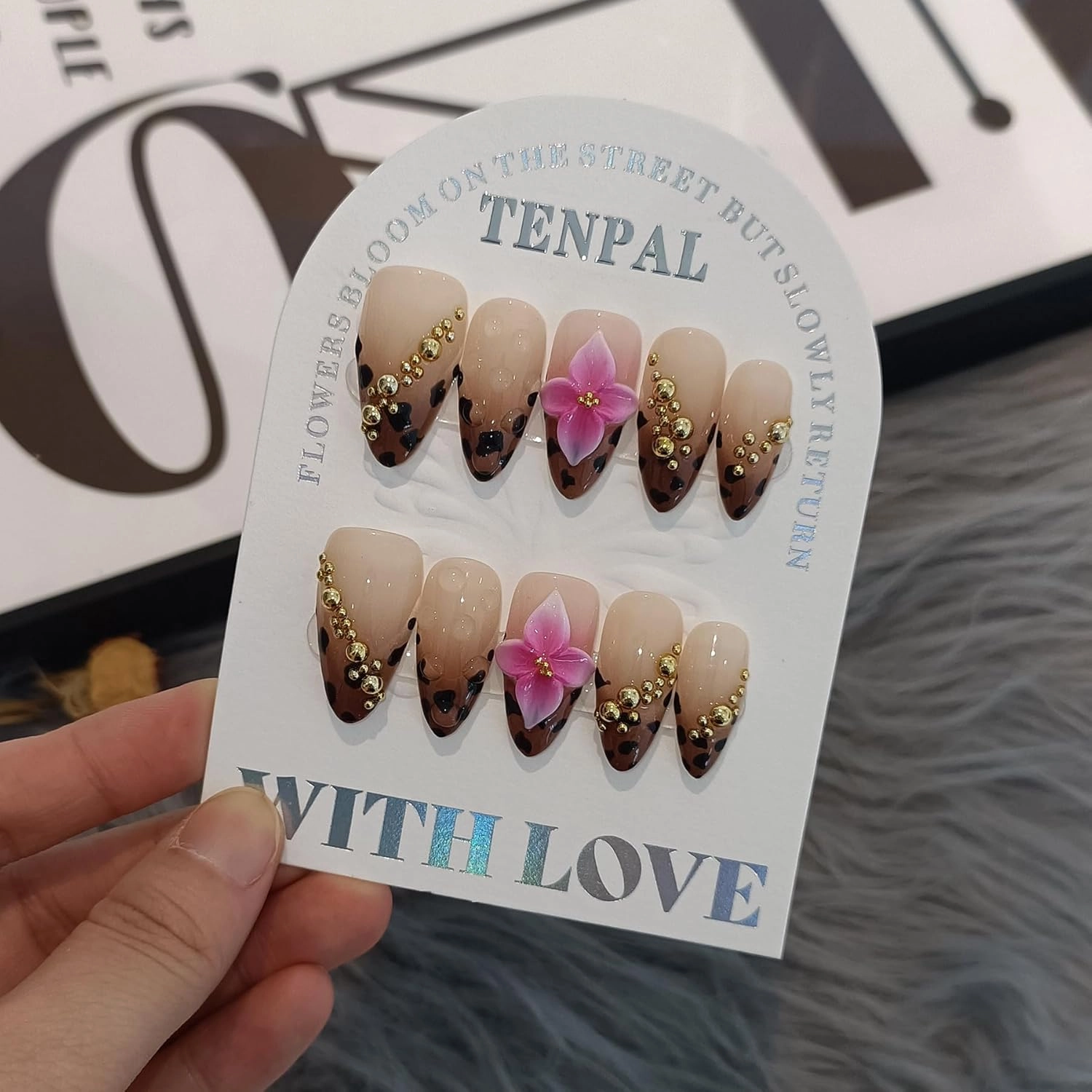 10-Piece Almond Press-On Nails Kit,Sexy Leopard French Tips Fake Nails with 3D Gold Beads & Pink Flowers,Brown Y2K Nails for Women, Edgy Yet Cute Daily Wear False Nails with All Tools(XS)