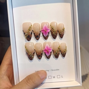 10-Piece Almond Press-On Nails Kit,Sexy Leopard French Tips Fake Nails with 3D Gold Beads & Pink Flowers,Brown Y2K Nails for Women, Edgy Yet Cute Daily Wear False Nails with All Tools(XS)