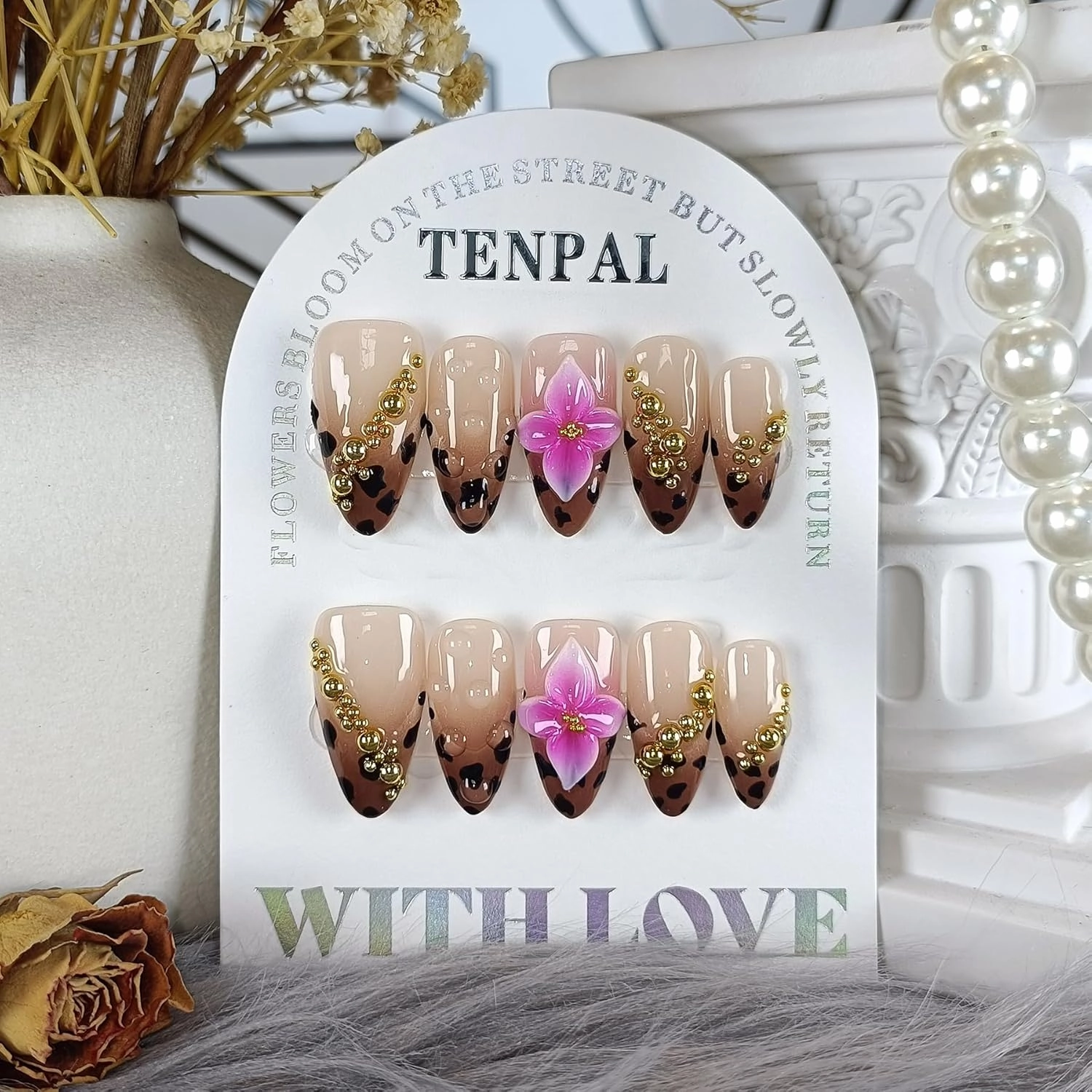 10-Piece Almond Press-On Nails Kit,Sexy Leopard French Tips Fake Nails with 3D Gold Beads & Pink Flowers,Brown Y2K Nails for Women, Edgy Yet Cute Daily Wear False Nails with All Tools(XS)