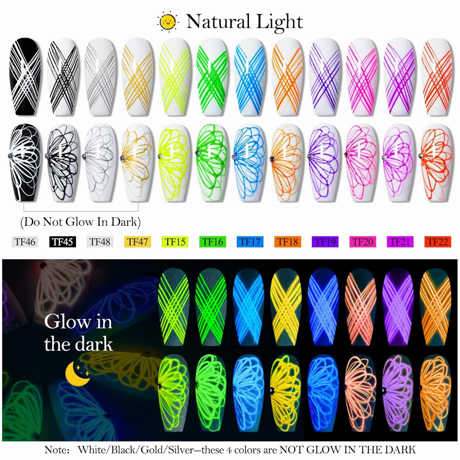12 Colors Luminous Spider Gel, Glow In The Dark Spider Gel for Nail Art, Elastic Wire Drawing Gel for Line with Brush, Soak off UV LED Drawing Gel Nail Art Design Gel with Neon Fluorescent Effect