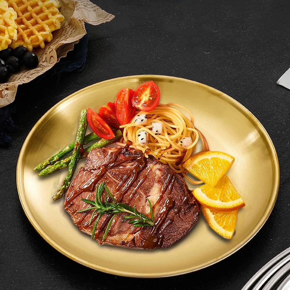 12 Pack Gold Stainless Steel Plates, Rust-Proof Household Camping Dinnerware, Easy Clean Unbreakable Plates for Daily Use Metal Dinner Dishes for Picnic BBQ Steak