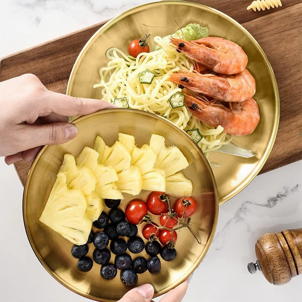 12 Pack Gold Stainless Steel Plates, Rust-Proof Household Camping Dinnerware, Easy Clean Unbreakable Plates for Daily Use Metal Dinner Dishes for Picnic BBQ Steak