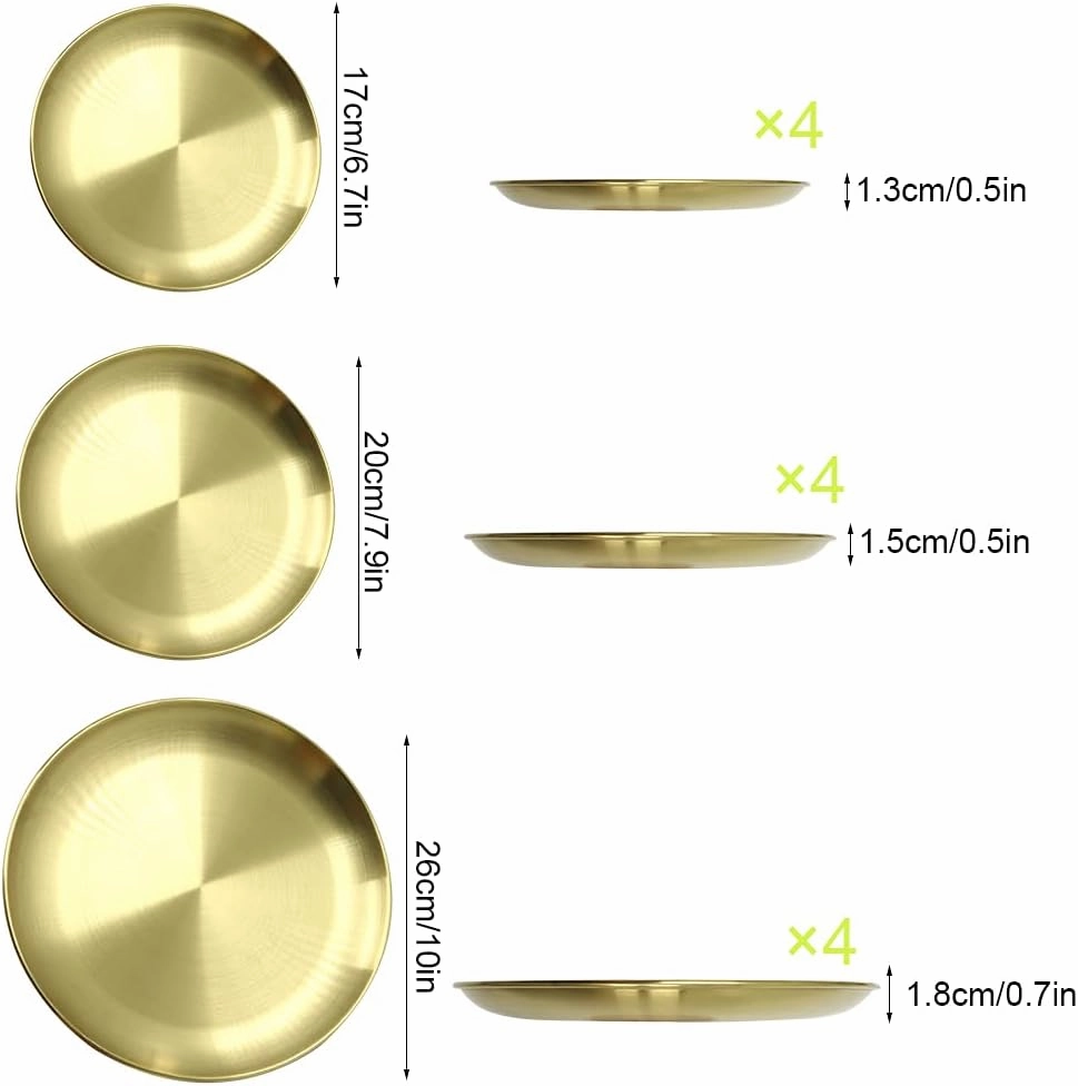 12 Pack Gold Stainless Steel Plates, Rust-Proof Household Camping Dinnerware, Easy Clean Unbreakable Plates for Daily Use Metal Dinner Dishes for Picnic BBQ Steak