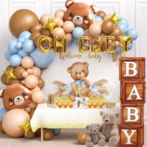 137Pcs Teddy Bear Baby Shower Decorations Boy Wood Grain Boxes with Baby Letter Balloon Arch Backdrop Tablecloth Cake Topper Gender Reveal Birthday Party, Can Bearly Wait Baby Shower Decoration
