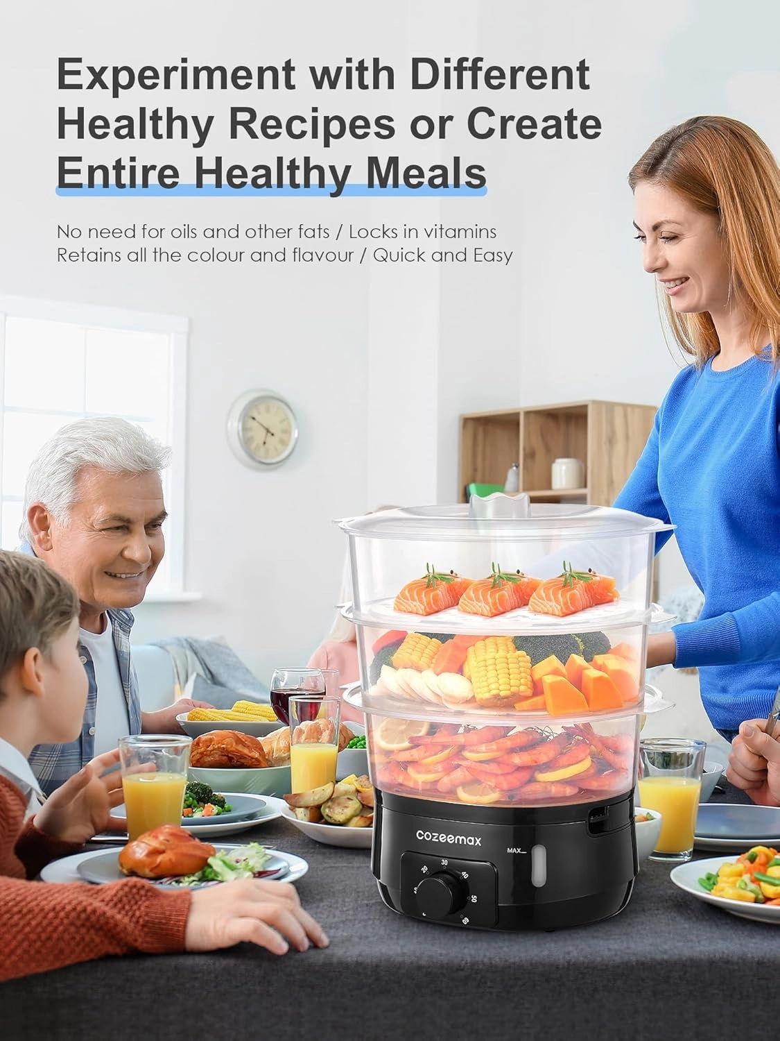 13.7QT Electric Food Steamer for Cooking, Vegetable Steamer with 3 Tiers BPA-Free Baskets, 800W Fast Simultaneous Cooking, 60-Minute Timer, Ideal for Veggies Seafood Rice