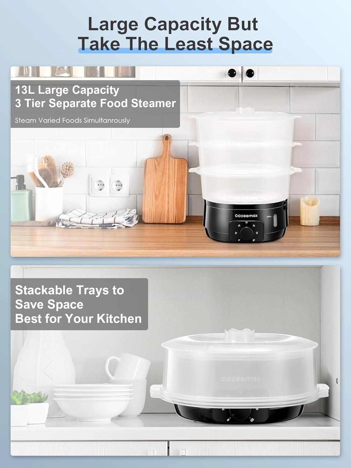 13.7QT Electric Food Steamer for Cooking, Vegetable Steamer with 3 Tiers BPA-Free Baskets, 800W Fast Simultaneous Cooking, 60-Minute Timer, Ideal for Veggies Seafood Rice