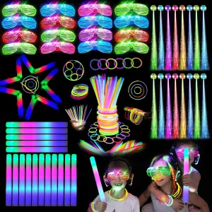 148 PCS Glow in the Dark Party Supplies, 16PCS Foam Glow Sticks, 16PCS LED Glasses,100PCS Glow Sticks Bracelets and 16Pcs LED Hair Clips Fiber Optic for Glow Party, New Year, Wedding, Concert