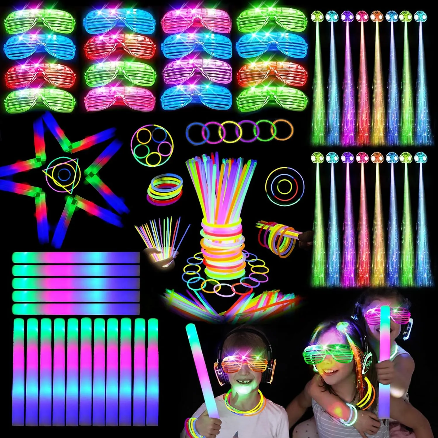 148 PCS Glow in the Dark Party Supplies, 16PCS Foam Glow Sticks, 16PCS LED Glasses,100PCS Glow Sticks Bracelets and 16Pcs LED Hair Clips Fiber Optic for Glow Party, New Year, Wedding, Concert