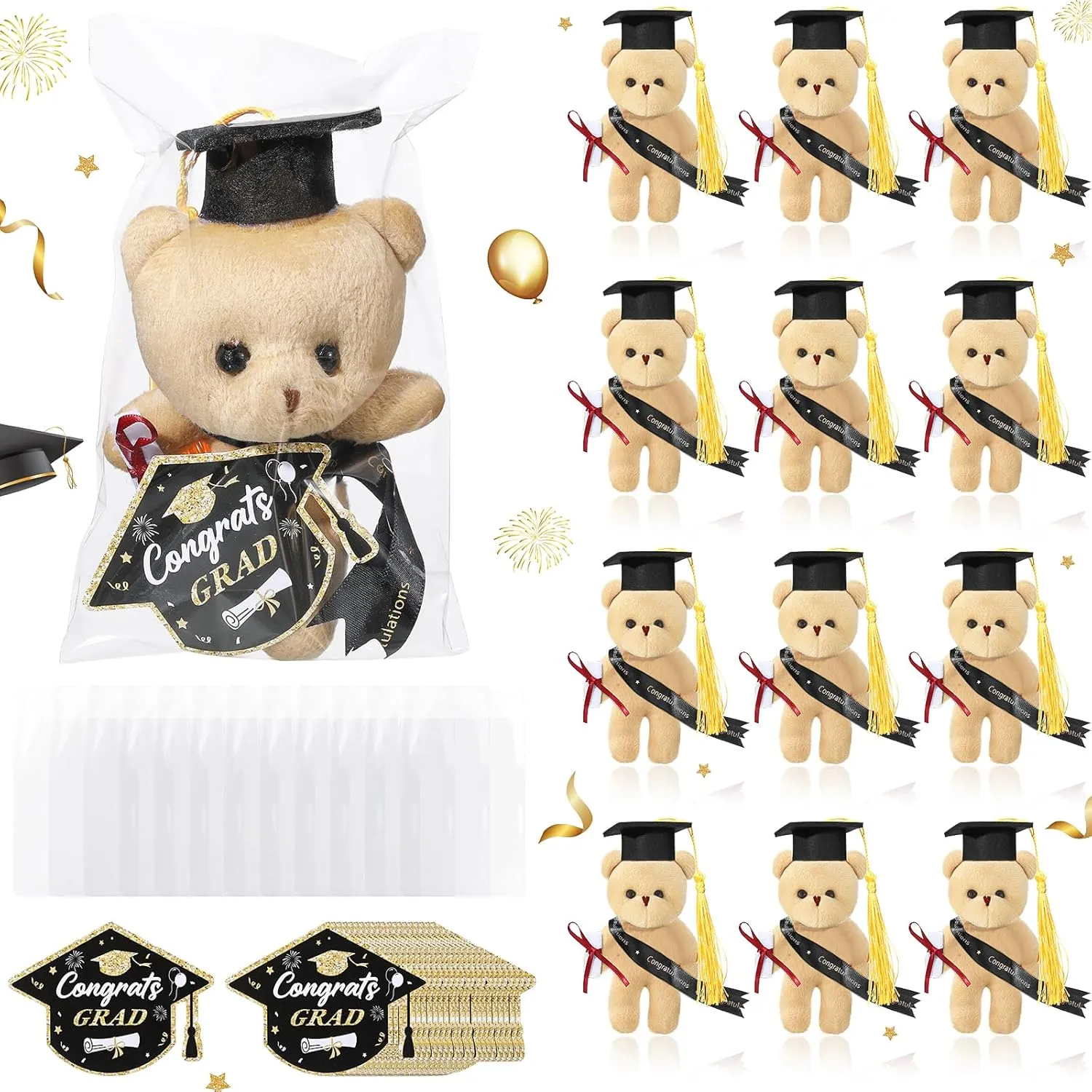 16 Sets Mini Graduation Bear Plush with Gift Bag Graduation Card Set Hangable Graduation Bear Stuffed Animals Congrats Grad Bears for DIY Graduation Gift Graduation Party Favors(Black)