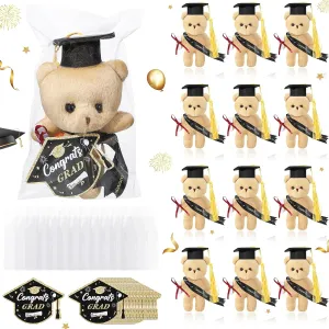 16 Sets Mini Graduation Bear Plush with Gift Bag Graduation Card Set Hangable Graduation Bear Stuffed Animals Congrats Grad Bears for DIY Graduation Gift Graduation Party Favors(Black)
