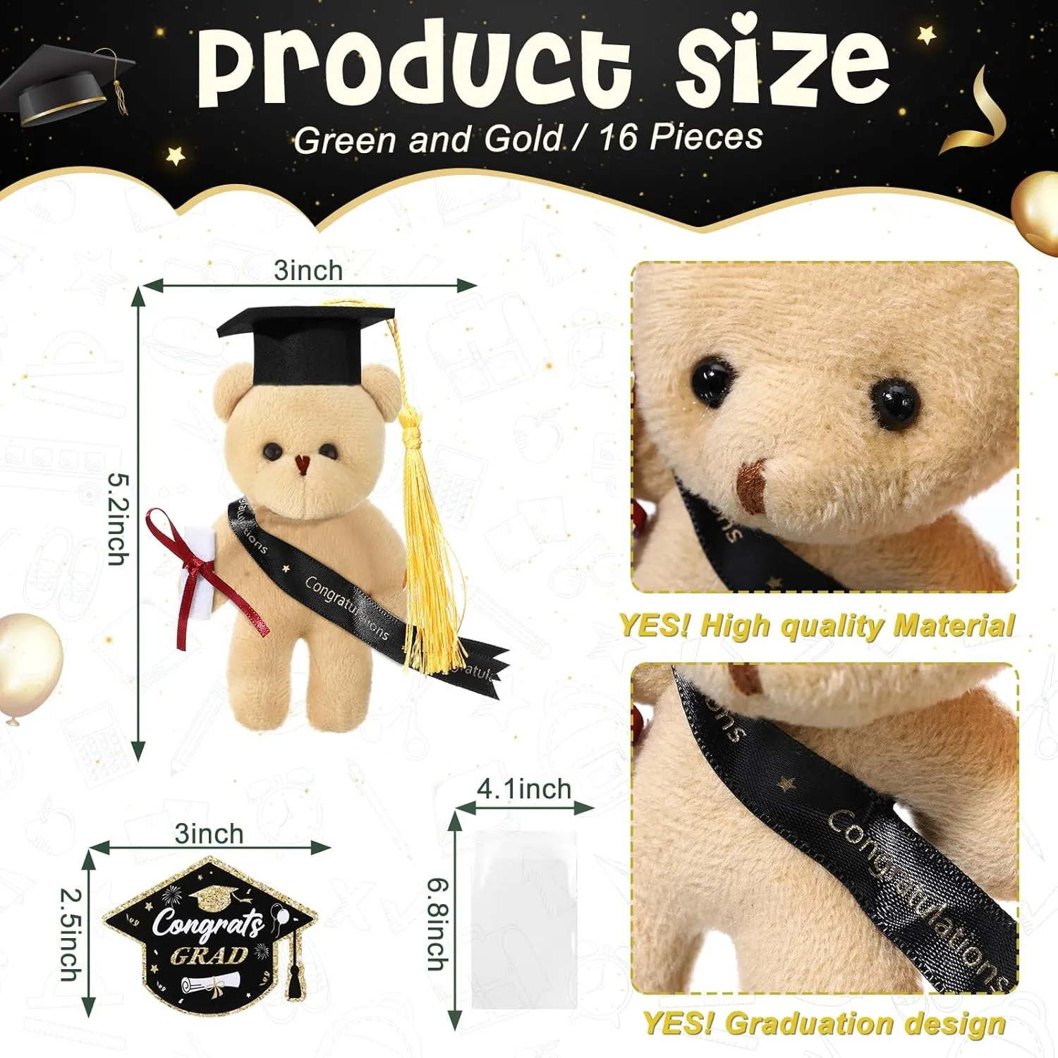 16 Sets Mini Graduation Bear Plush with Gift Bag Graduation Card Set Hangable Graduation Bear Stuffed Animals Congrats Grad Bears for DIY Graduation Gift Graduation Party Favors(Black)