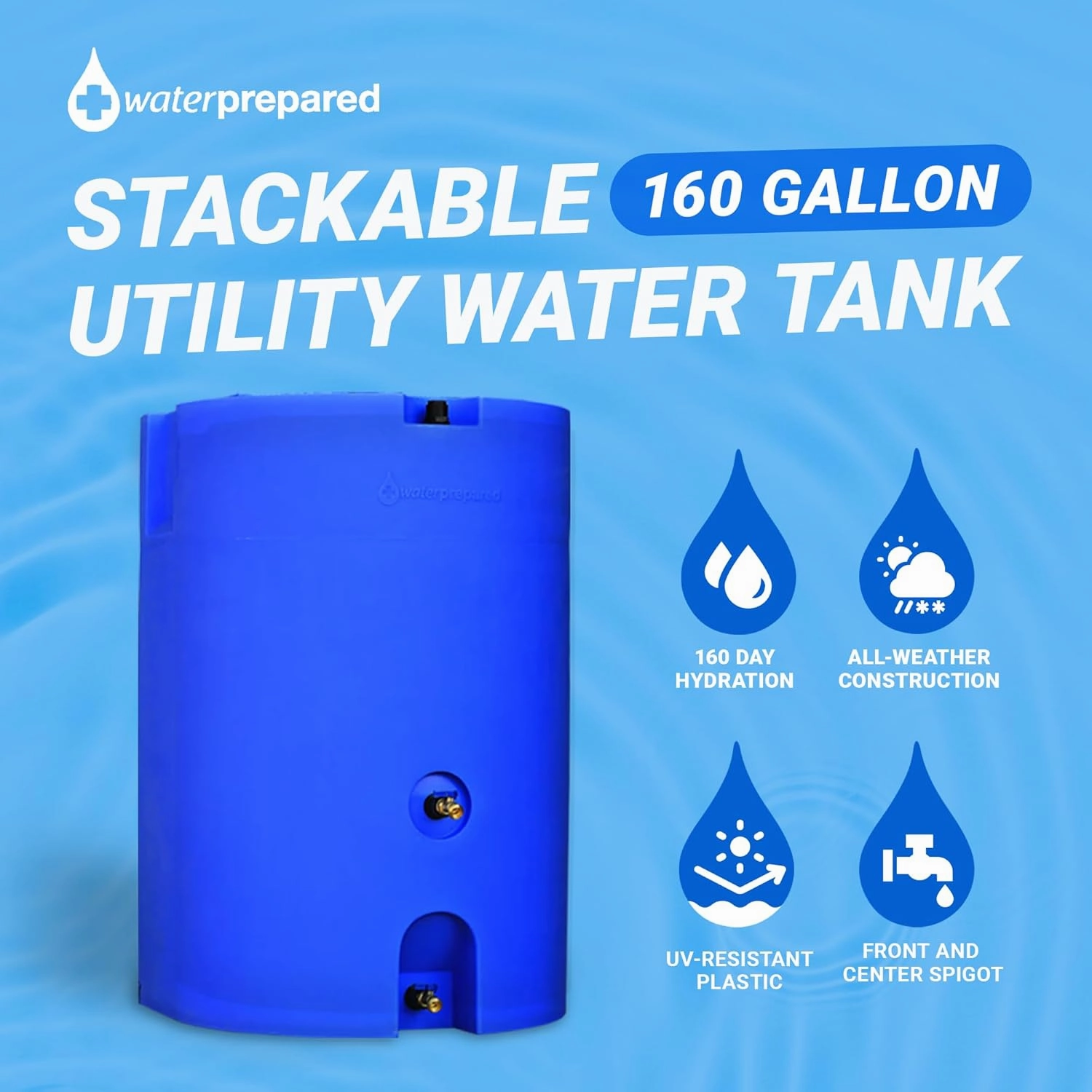 160 Gallon Unique Stackable Utility Water Tank with Large Cap for Easy Filling & 2 Spigots, Fits Through Standard Doorway, Blue (3 Pack)