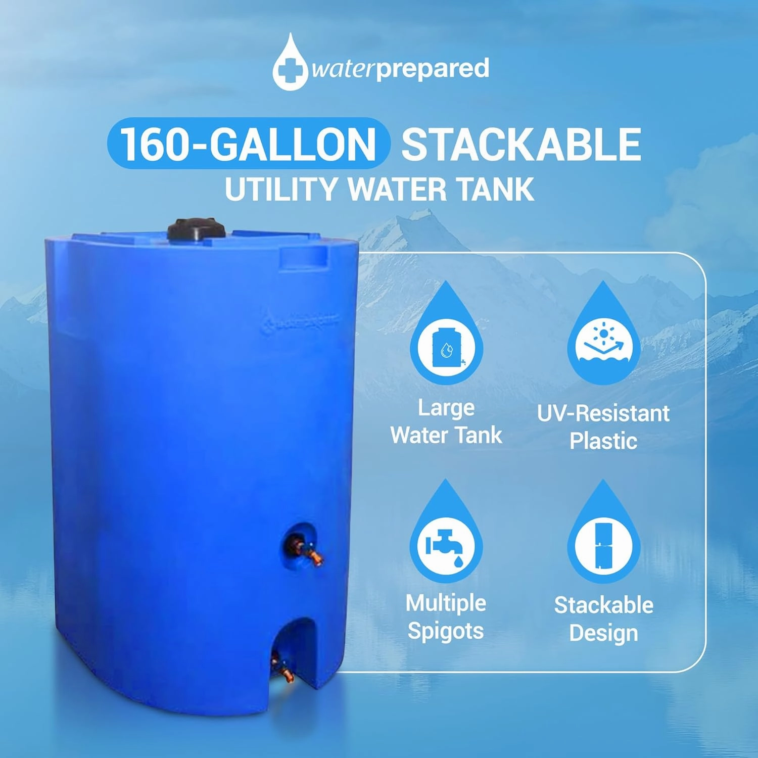 160 Gallon Unique Stackable Utility Water Tank with Large Cap for Easy Filling & 2 Spigots, Fits Through Standard Doorway, Blue (3 Pack)