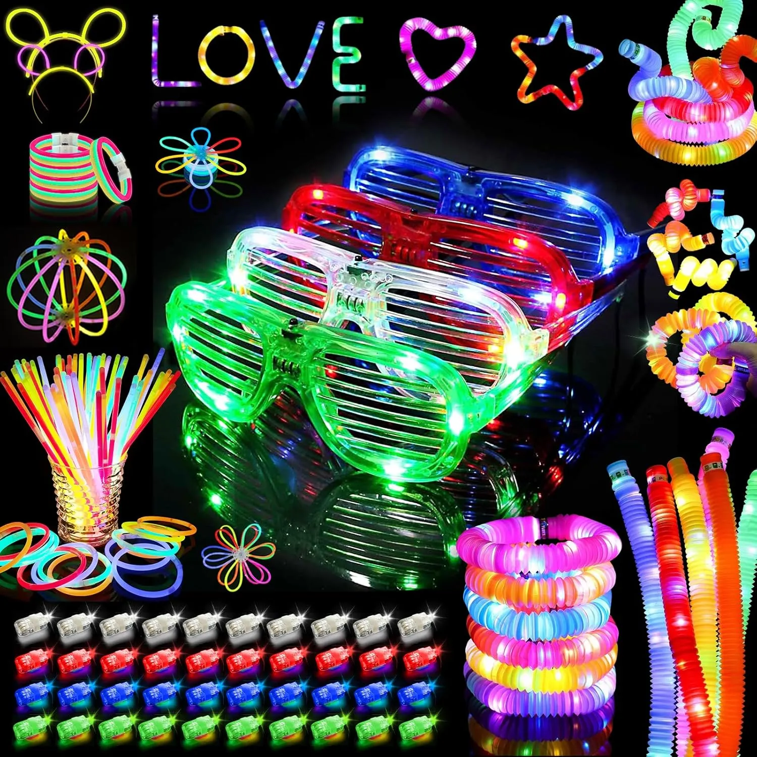 164 PCS Glow in the Dark Party Supplies, 40 Finger Lights,12 Light UP Tubes,12 LED Glasses, 100 Glow Sticks for Neon Party, Wedding, Birthday, Concert, New Year, Carnivals, Raves