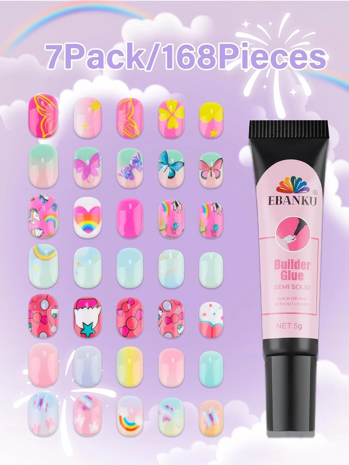 168 Pieces Press on Nails for Kids, EBANKU 7 Pack Kid Fake Nail Kit Candy Butterfly Press on Nails for Girls 6-12 Years with Nail Glue
