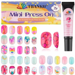 168 Pieces Press on Nails for Kids, EBANKU 7 Pack Kid Fake Nail Kit Candy Butterfly Press on Nails for Girls 6-12 Years with Nail Glue