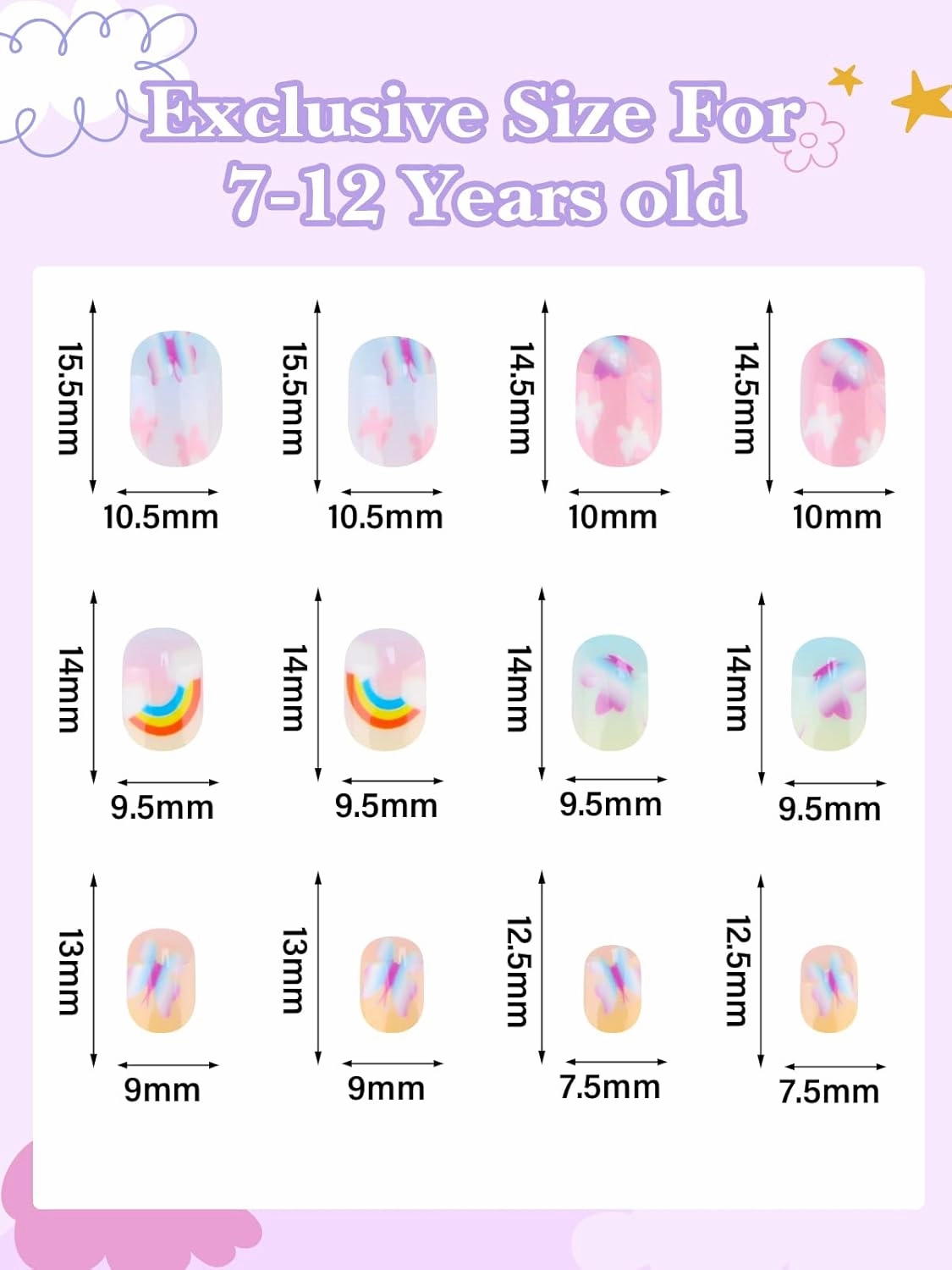 168 Pieces Press on Nails for Kids, EBANKU 7 Pack Kid Fake Nail Kit Candy Butterfly Press on Nails for Girls 6-12 Years with Nail Glue