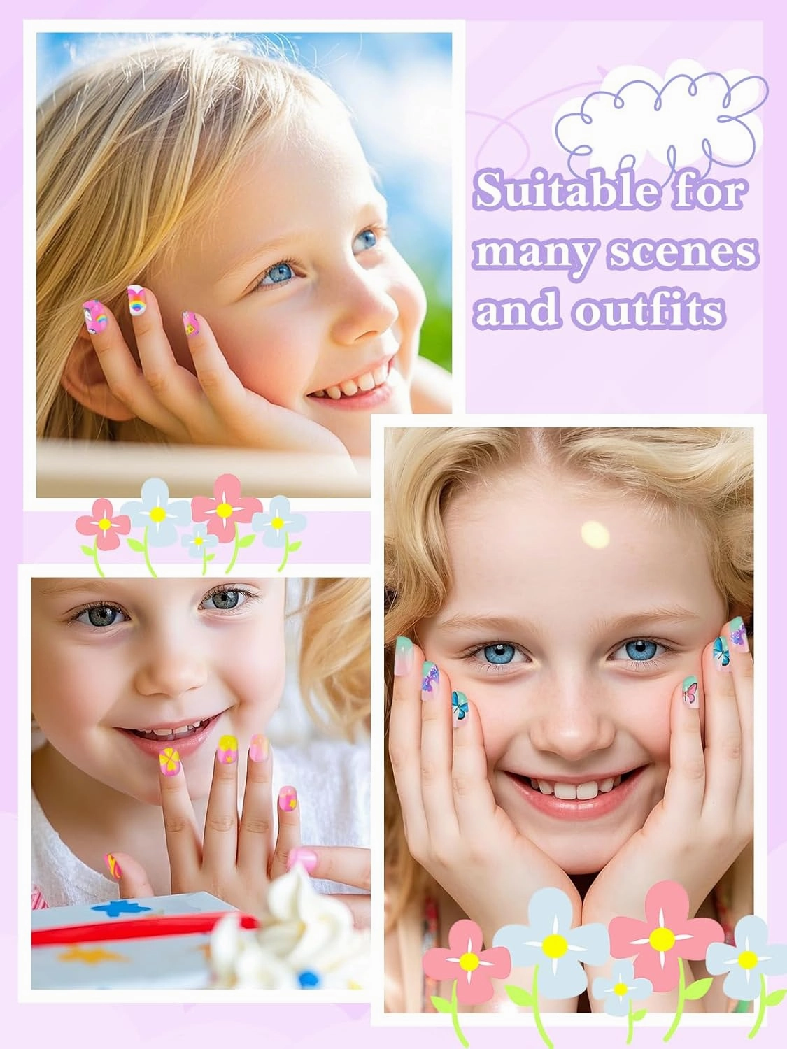 168 Pieces Press on Nails for Kids, EBANKU 7 Pack Kid Fake Nail Kit Candy Butterfly Press on Nails for Girls 6-12 Years with Nail Glue