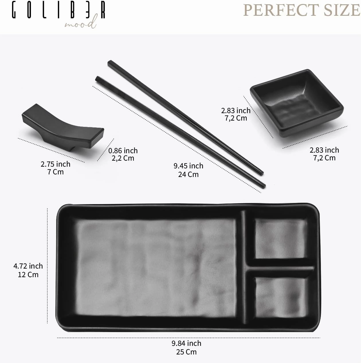 16-Piece Japanese Style Sushi Plate Set - Includes 4 Sushi Plates (7.5 x 5.5 Inch), 4 Sauce Dishes, 4 Pairs of Chopsticks, 4 Chopsticks Holders - Made of Melamine.