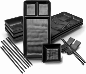 16-Piece Japanese Style Sushi Plate Set - Includes 4 Sushi Plates (7.5 x 5.5 Inch), 4 Sauce Dishes, 4 Pairs of Chopsticks, 4 Chopsticks Holders - Made of Melamine.