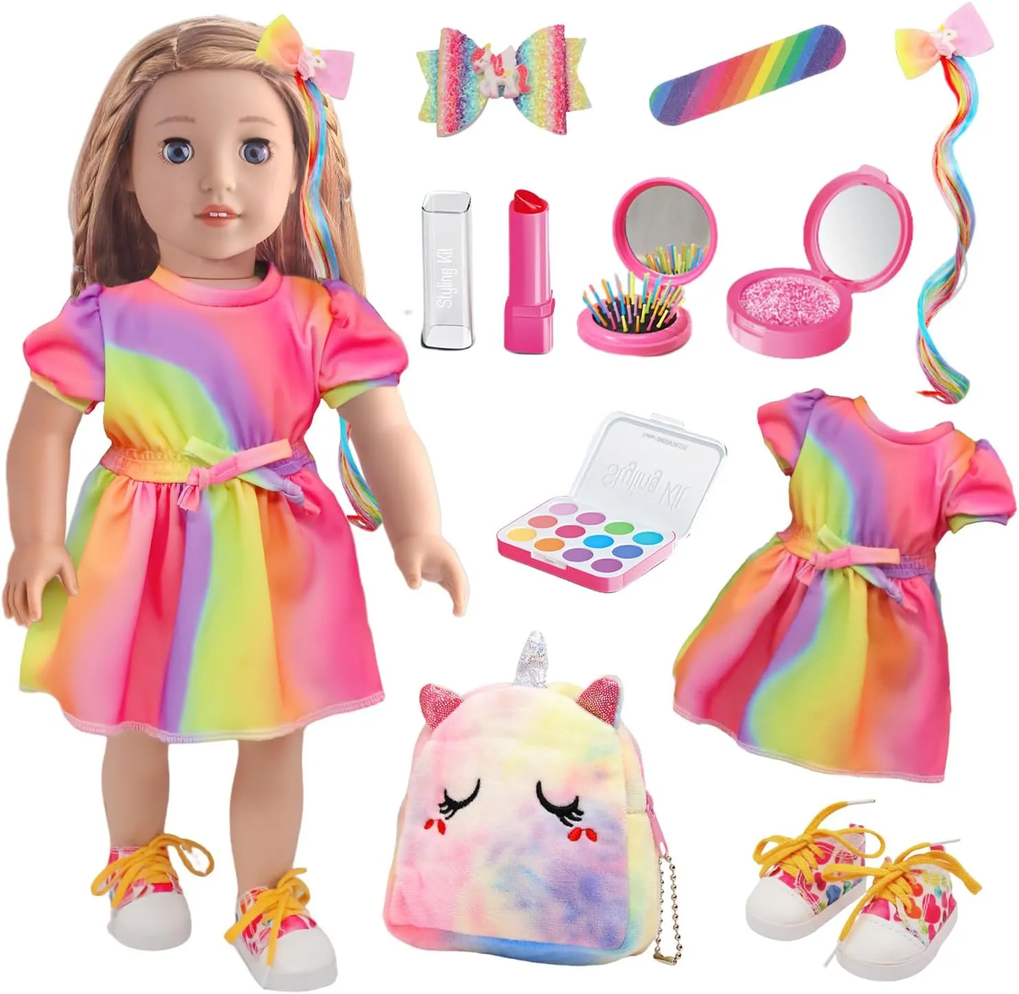 18 Inch Doll Clothes and Accessories Set Include Rainbow Dress Outfits Bag Shoes Hairpin Toy Stuff Beauty Set (No Doll)