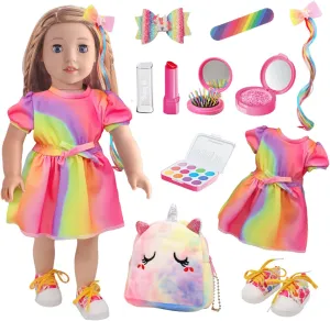 18 Inch Doll Clothes and Accessories Set Include Rainbow Dress Outfits Bag Shoes Hairpin Toy Stuff Beauty Set (No Doll)