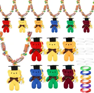 18 Pcs 2025 Graduation Stuffed Animal Candy Lei Making Kit Include 6 Pcs Mesh Bag 6 Pcs Colorful Graduation Bear 6 Rolls Ribbon for 2025 Graduation Gift Kit