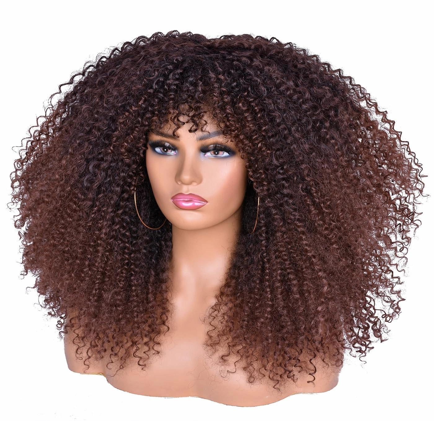 18Inch Long Curly Wig With Bangs for Black Women Afro Bomb Kinky Curly Wig Fluffy and Soft Synthetic Hair（Dark brown）
