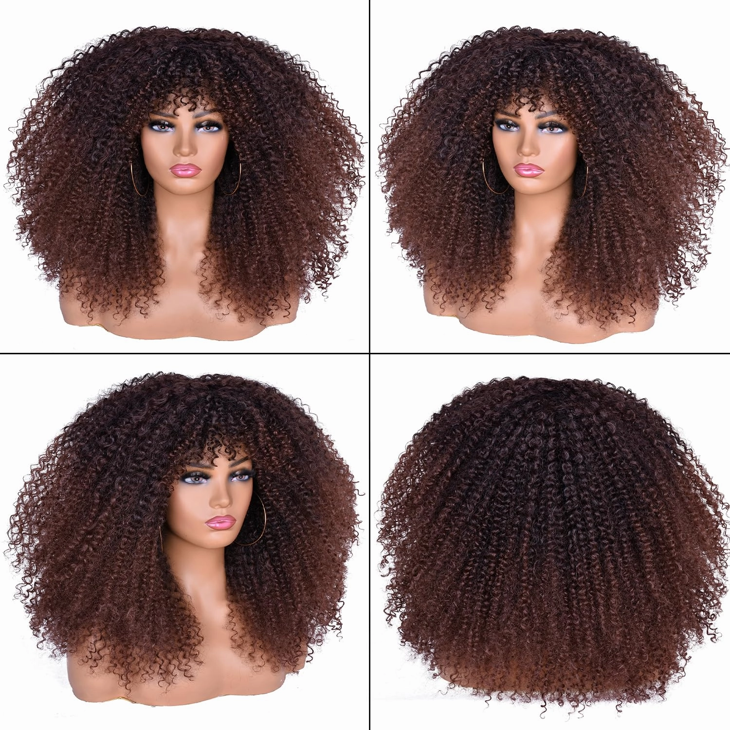 18Inch Long Curly Wig With Bangs for Black Women Afro Bomb Kinky Curly Wig Fluffy and Soft Synthetic Hair（Dark brown）