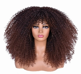 18Inch Long Curly Wig With Bangs for Black Women Afro Bomb Kinky Curly Wig Fluffy and Soft Synthetic Hair（Dark brown）