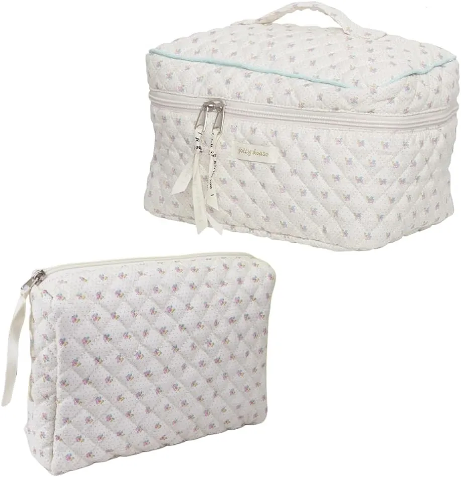 2 Pack Kawaii Cute Makeup Bag Aesthetic Travel Quilted Cotton Cosmetic Bag Organizer Toiletry Pouch for Women Teen Girls