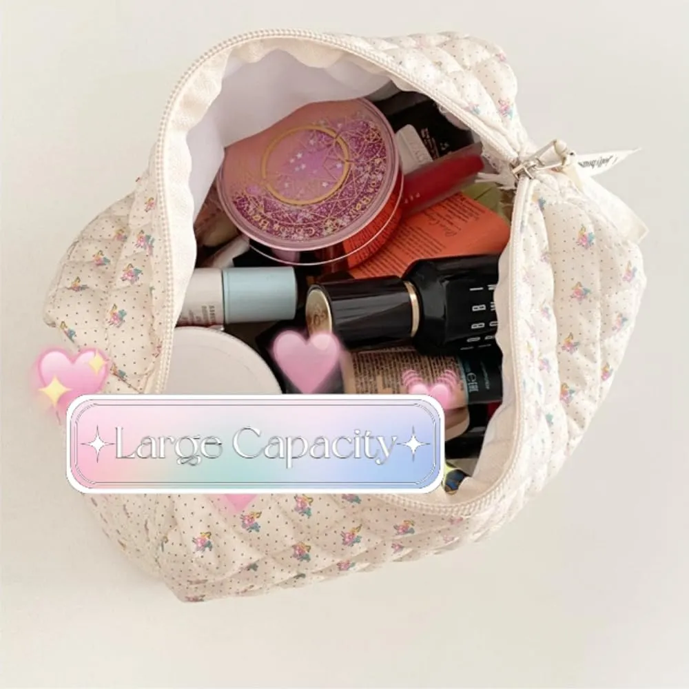 2 Pack Kawaii Cute Makeup Bag Aesthetic Travel Quilted Cotton Cosmetic Bag Organizer Toiletry Pouch for Women Teen Girls