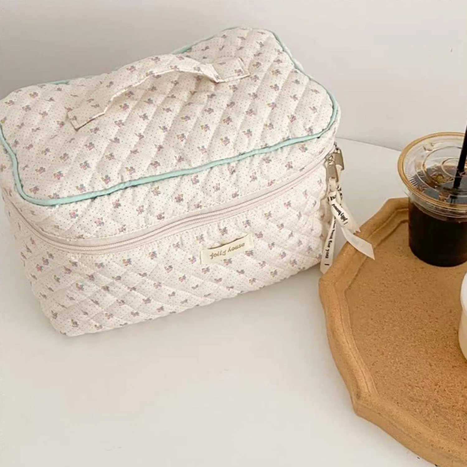 2 Pack Kawaii Cute Makeup Bag Aesthetic Travel Quilted Cotton Cosmetic Bag Organizer Toiletry Pouch for Women Teen Girls