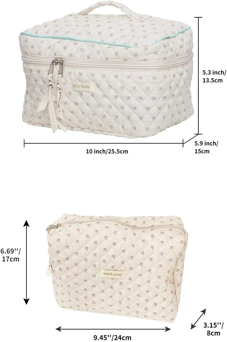 2 Pack Kawaii Cute Makeup Bag Aesthetic Travel Quilted Cotton Cosmetic Bag Organizer Toiletry Pouch for Women Teen Girls