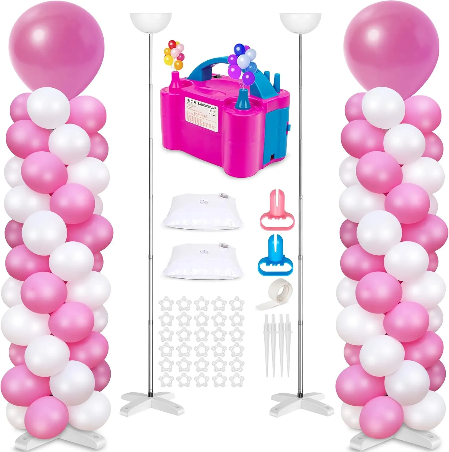 2 Sets Balloon Column Stand and Balloon Pump, Adjustable Metal 9 Feet Balloon Stands for Floor, Balloon Column kit for Baby Shower Graduation Birthday Wedding Party