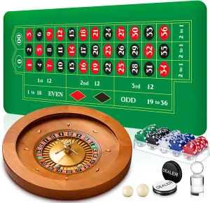 20'' Wooden Roulette Wheel Game Set Include 20'' Solid Wood Wheel with 4 Roulette Balls 35" x 16" Rubber Portable Tabletop Layout Mat 100 Chips Marker Dealer Button