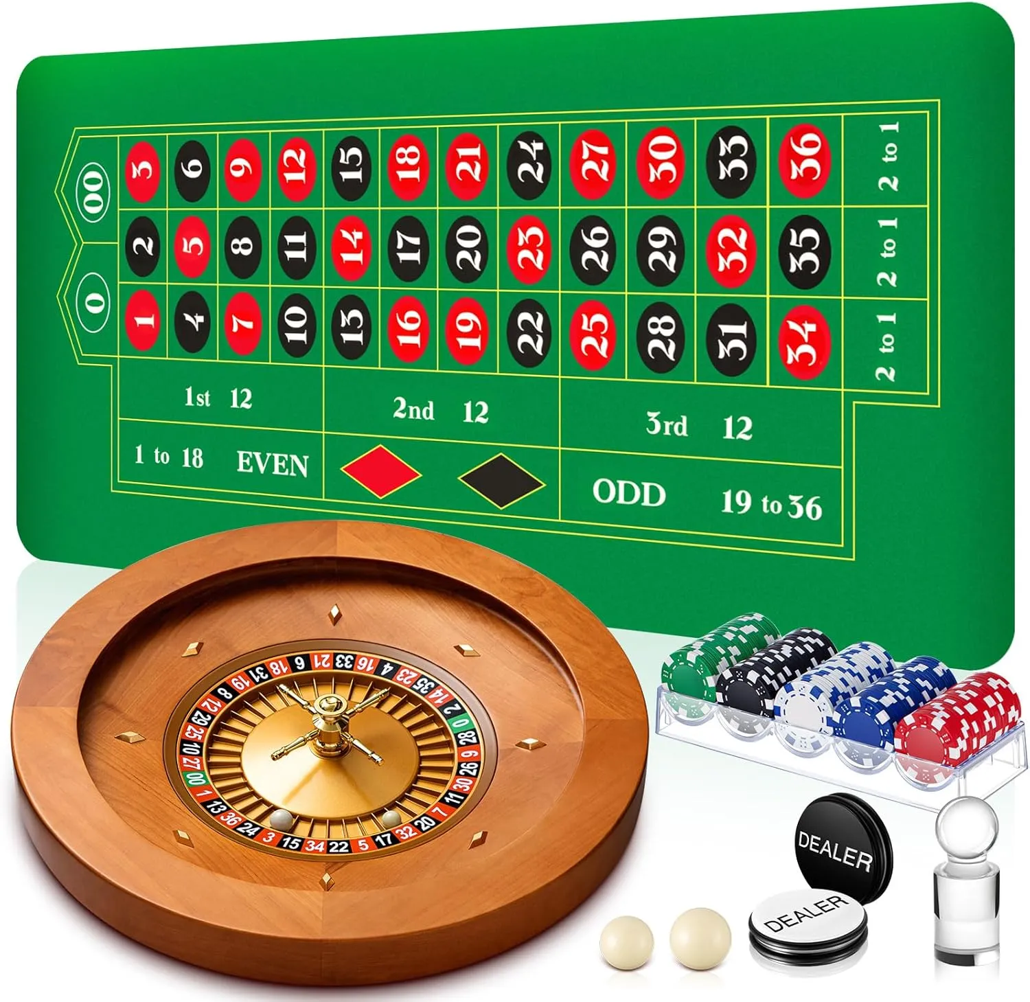 20'' Wooden Roulette Wheel Game Set Include 20'' Solid Wood Wheel with 4 Roulette Balls 35" x 16" Rubber Portable Tabletop Layout Mat 100 Chips Marker Dealer Button