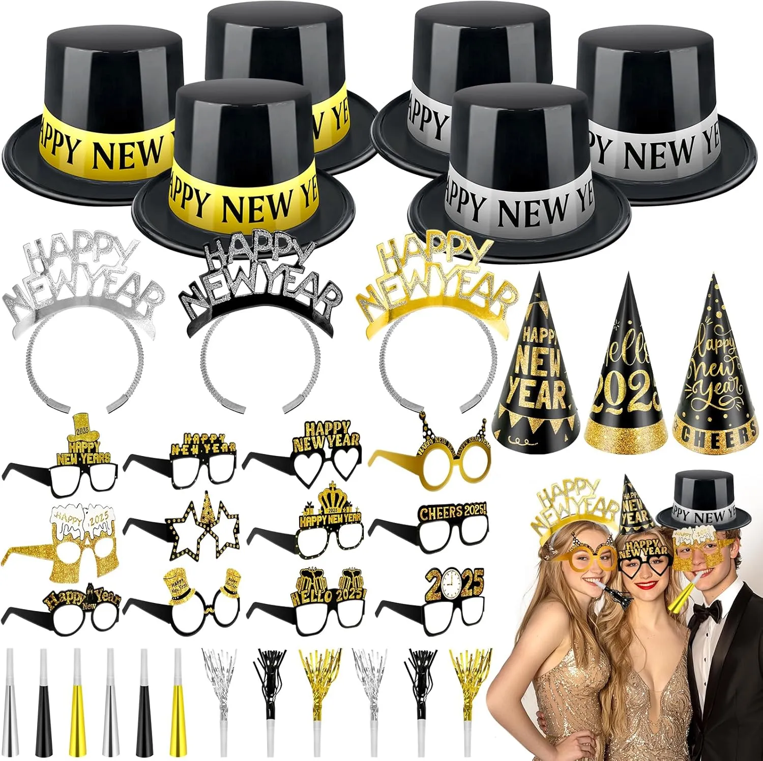 2025 New Years Eve Party Supplies, 36 Pcs Happy New Year Party Supplies Kit Serve 12, Including 6 Top Hats 3 Cone Hats 3 Tiara 12 Glasses 12 Noise Makers Black Gold Silver NYE Decoration Party Favors