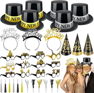 2025 New Years Eve Party Supplies, 36 Pcs Happy New Year Party Supplies Kit Serve 12, Including 6 Top Hats 3 Cone Hats 3 Tiara 12 Glasses 12 Noise Makers Black Gold Silver NYE Decoration Party Favors
