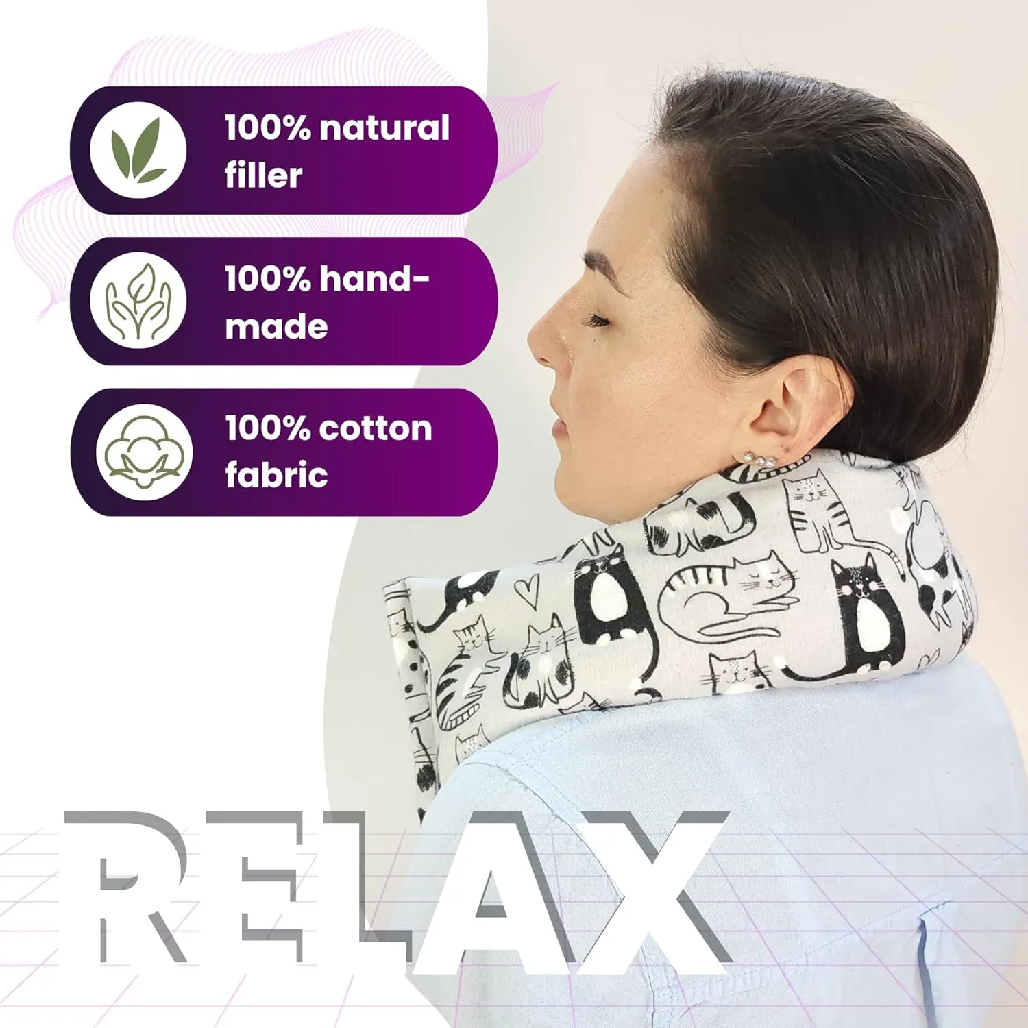 20"x5" Double-Layered Cotton Microwave Heating Pad for Pain Relief Cramps Neck Shoulders Knees Muscles Joints Back, Heating Bag with Oats, Moist Heat Pack, Warm and Cold Compress. Feline Frolic