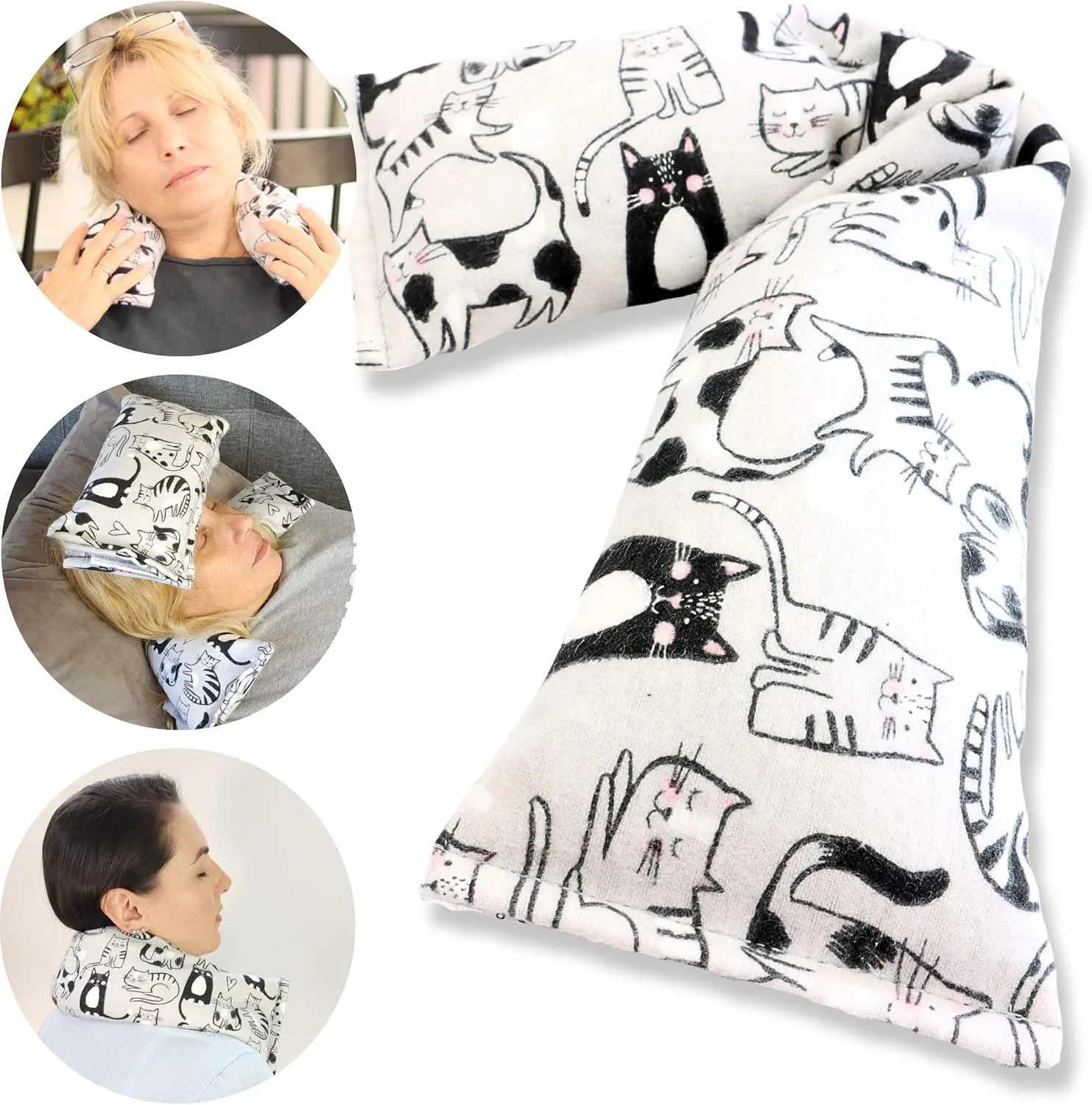 20"x5" Double-Layered Cotton Microwave Heating Pad for Pain Relief Cramps Neck Shoulders Knees Muscles Joints Back, Heating Bag with Oats, Moist Heat Pack, Warm and Cold Compress. Feline Frolic