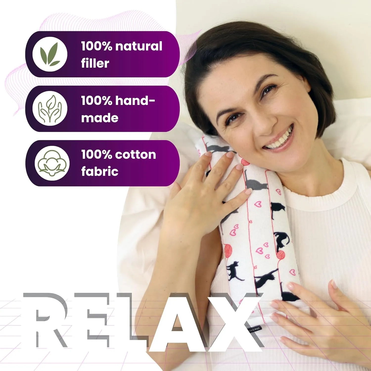 20"x5" Double-Layered Cotton Microwave Heating Pad for Pain Relief Cramps Neck Shoulders Knees Muscles Joints Back, Heating Bag with Oats, Moist Heat Pack, Warm and Cold Compress - Playful Kittens