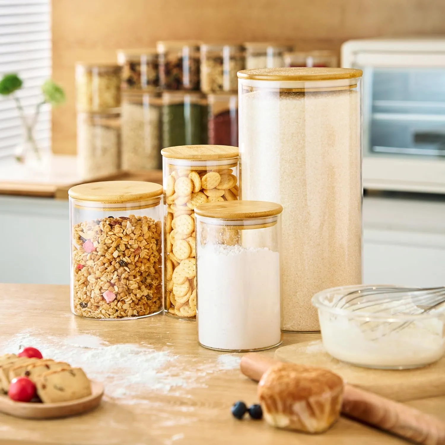 21oz - 4 Pack Glass Jars with Bamboo Lids, Glass Food Storage Containers with Airtight Lids, Air Tight Pantry Storage Containers for Coffee, Sugar, Spice, Meal Prep Jars for Salad & Fruit