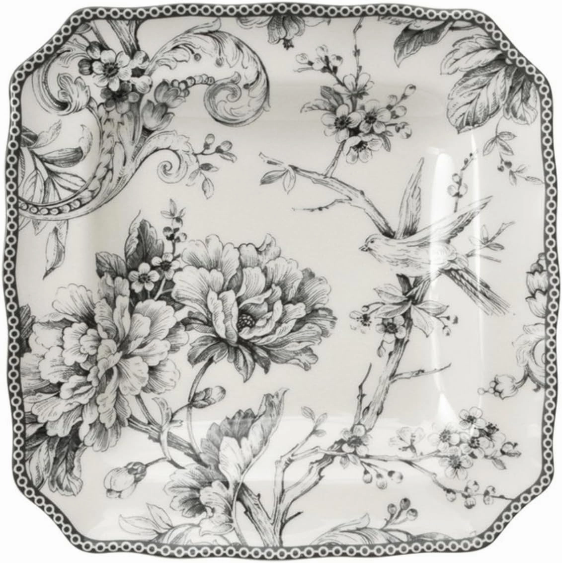 222 Fifth Adelaide 16-Piece Square Floral Dinnerware Set – Service for 4, Grey & White Porcelain Plates & Bowls, for Everyday Dining & Entertainment, Microwave & Dishwasher Safe, Chip Resistant