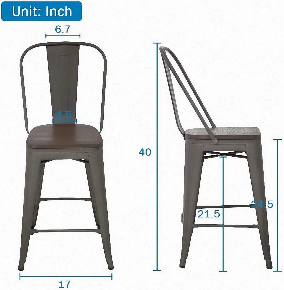 24 Inch Bronze Metal Bar Stools Indoor-Outdoor Counter Height Stools Wood Seat/Top and High Backrest, Industrial Modern Kitchen Dining Bar Chairs Rustic Mid Century Stackable Stools, Set of 4