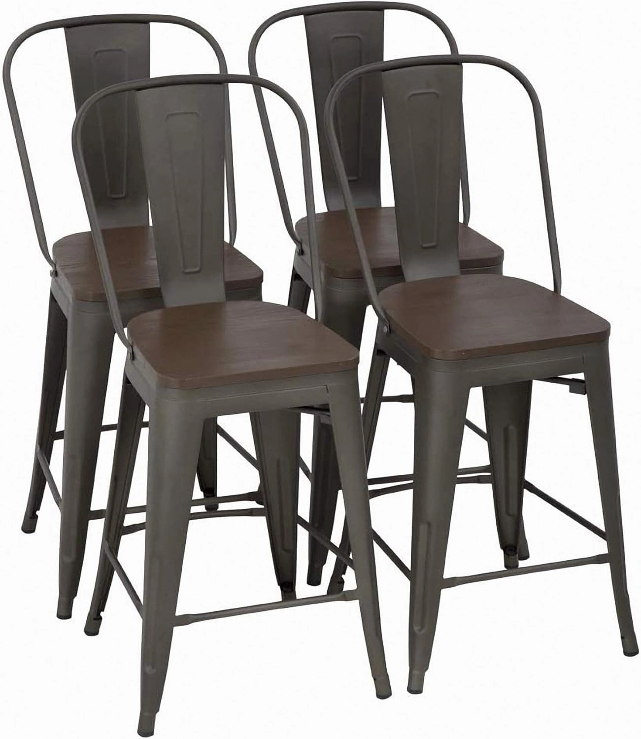 24 Inch Bronze Metal Bar Stools Indoor-Outdoor Counter Height Stools Wood Seat/Top and High Backrest, Industrial Modern Kitchen Dining Bar Chairs Rustic Mid Century Stackable Stools, Set of 4