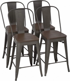24 Inch Bronze Metal Bar Stools Indoor-Outdoor Counter Height Stools Wood Seat/Top and High Backrest, Industrial Modern Kitchen Dining Bar Chairs Rustic Mid Century Stackable Stools, Set of 4