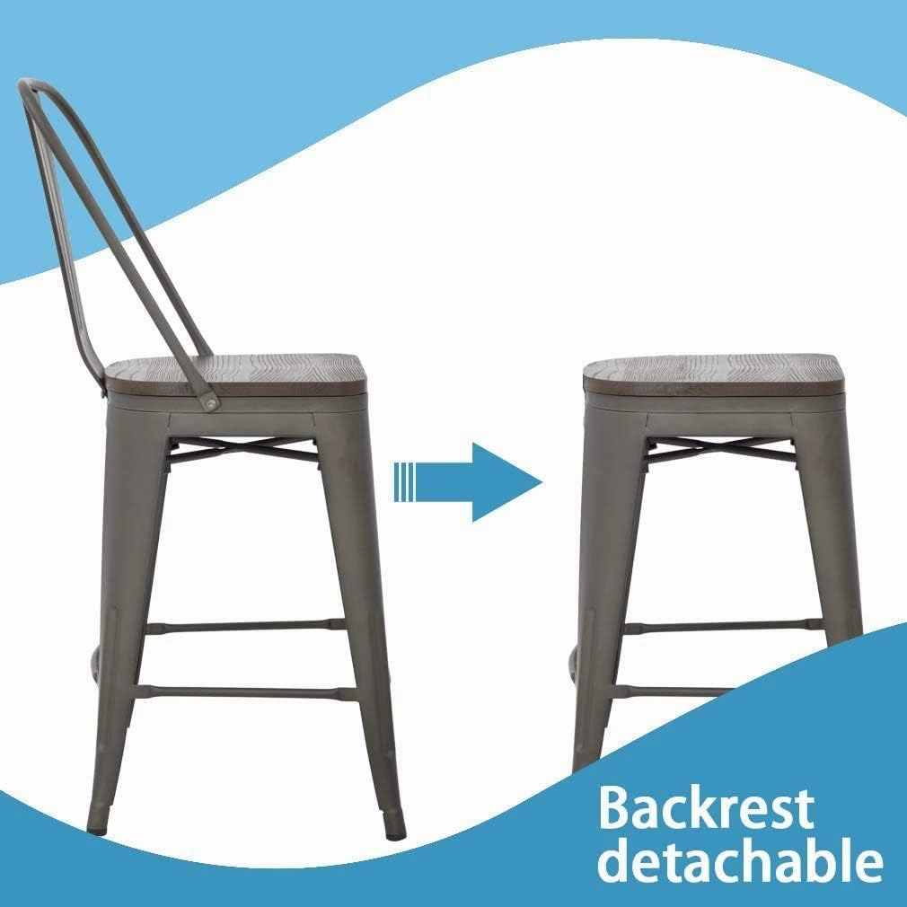 24 Inch Bronze Metal Bar Stools Indoor-Outdoor Counter Height Stools Wood Seat/Top and High Backrest, Industrial Modern Kitchen Dining Bar Chairs Rustic Mid Century Stackable Stools, Set of 4