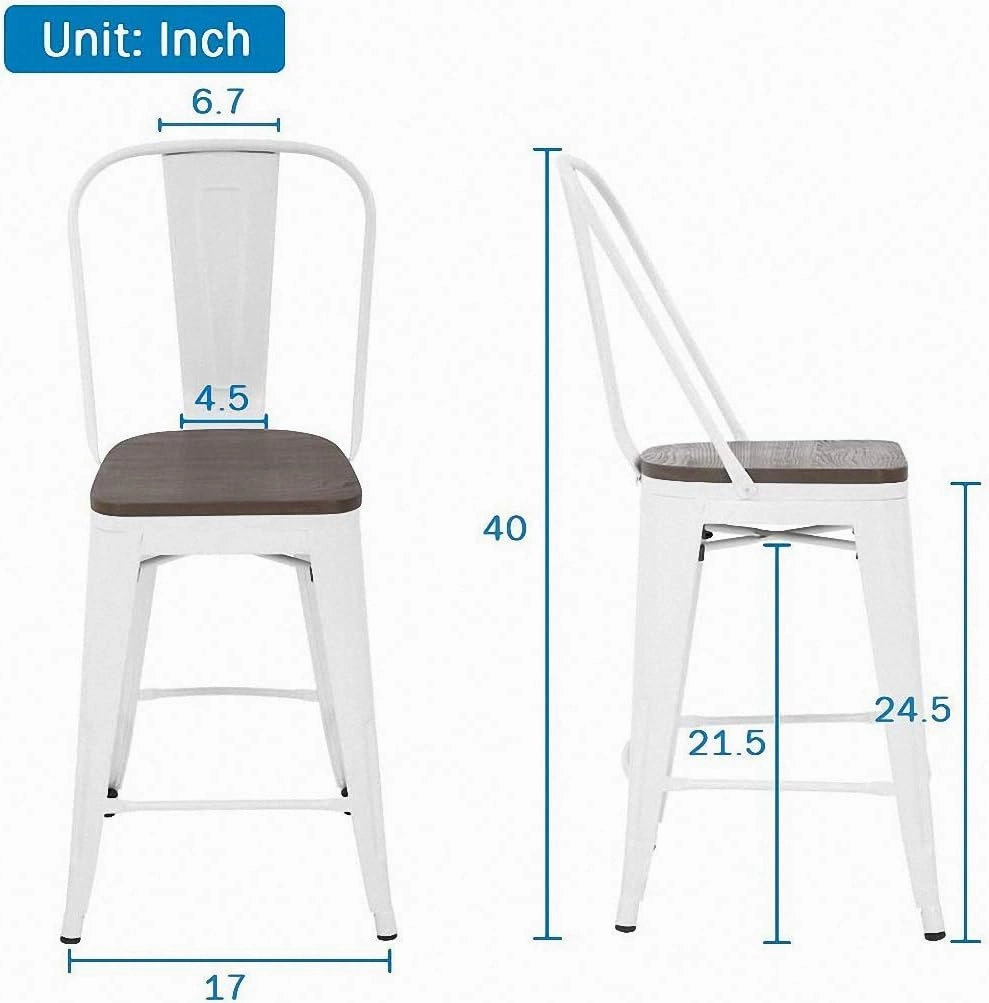 24 Inch White Metal Bar Stools Indoor-Outdoor Counter Height Stools Wood Seat/Top and High Backrest, Industrial Modern Kitchen Dining Bar Chairs Rustic Mid Century Stackable Stools, Set of 4